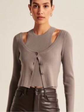 Abercrombie & Fitch Taupe Layered Cutout Cardigan Sweater